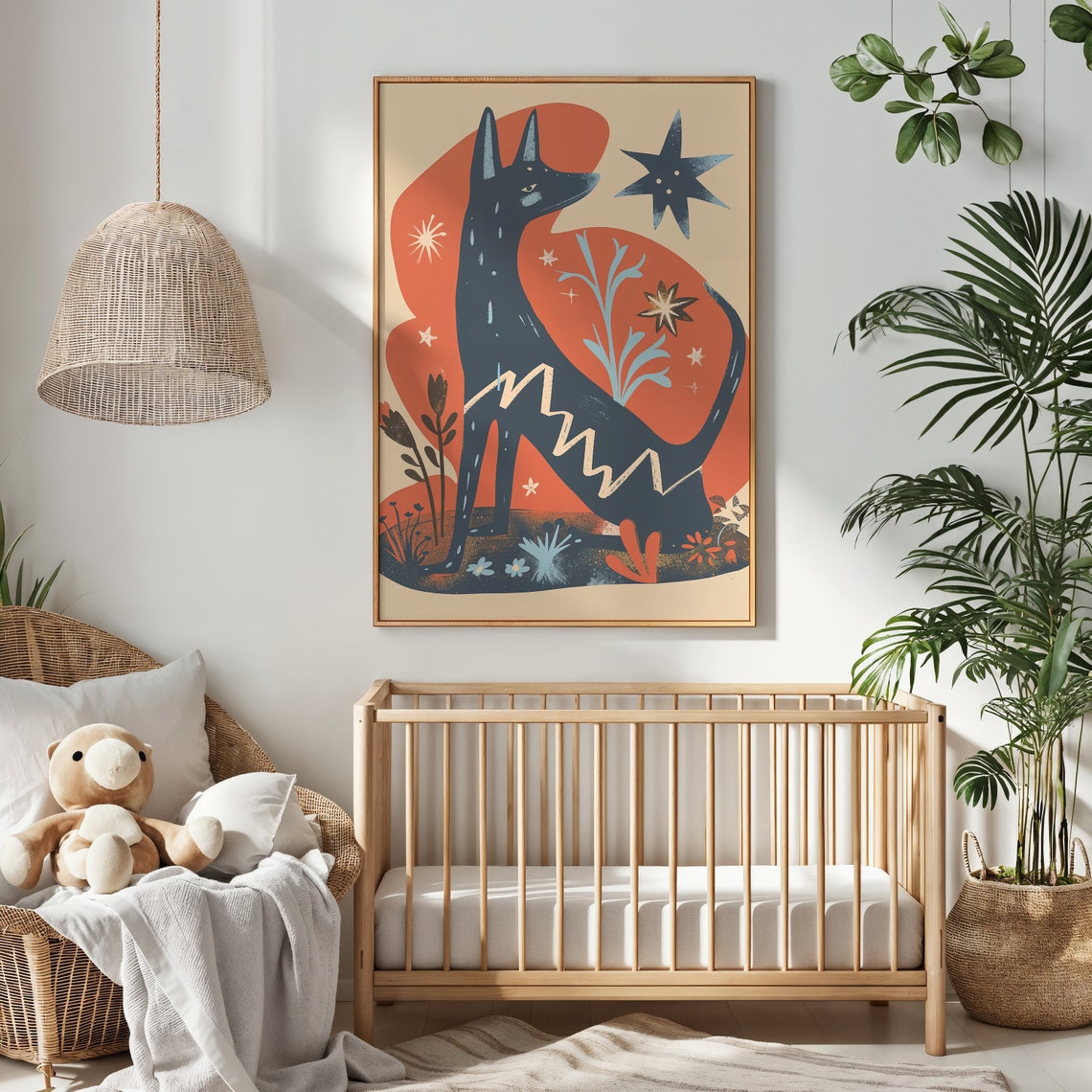 Sitting Black Dog Sunset Stars Bold Folk Art Animal Wall Poster - Image 3