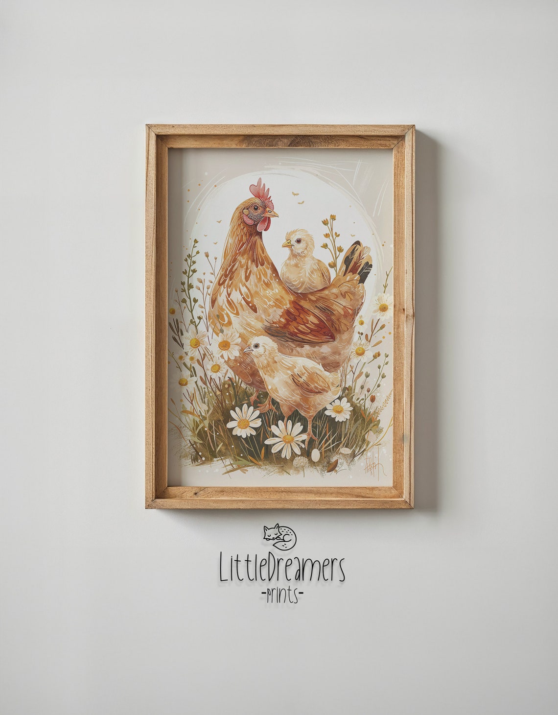 Hen And Baby Chicks Daisy Meadow Watercolor Farmhouse Nursery Poster