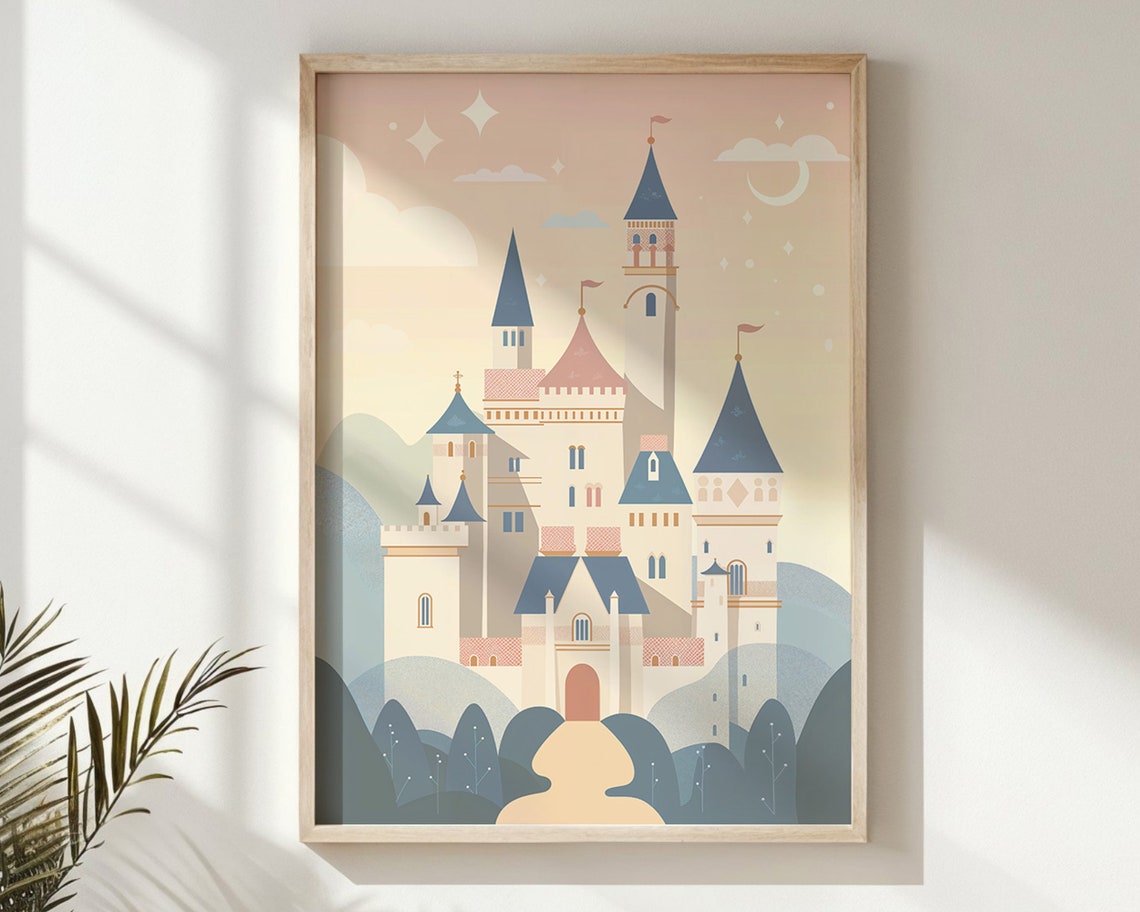 Pastel Fairytale Castle Blue Pink Turrets Crescent Moon Nursery Poster - Image 6