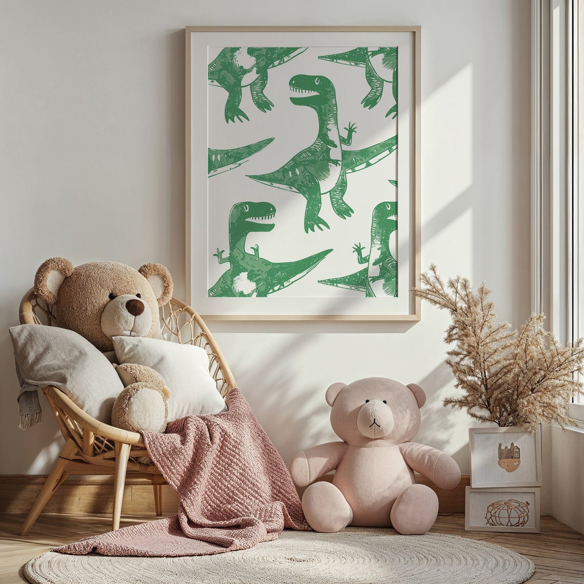 Bright Green Raptor Linocut Pattern White Nursery Kids Room Art Poster - Image 3