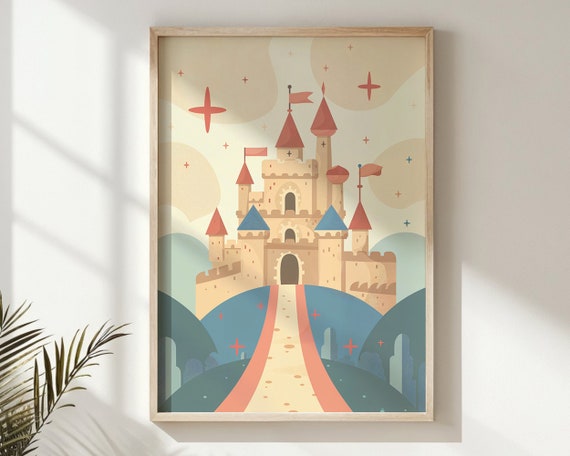 Castle Fantasy Nursery Wall Art Kids Fairytale Poster Storybook Castle Decor Childrens Room Art Gift Neutral Tones