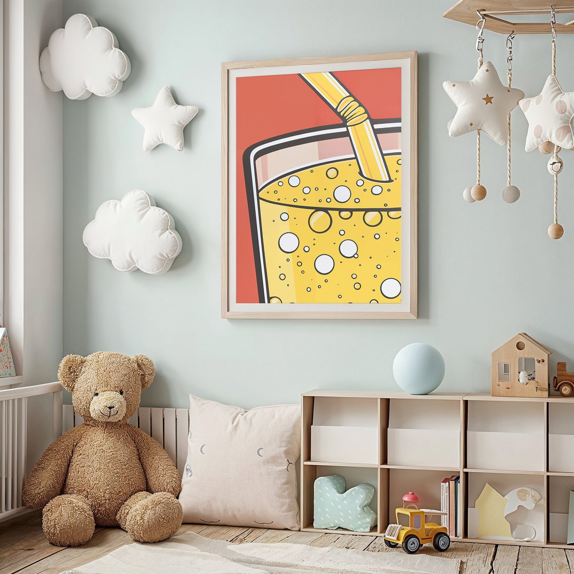 Pop Art Sparkling Juice Glass Poster Yellow Bubbles Retro Kitchen Art - Image 2