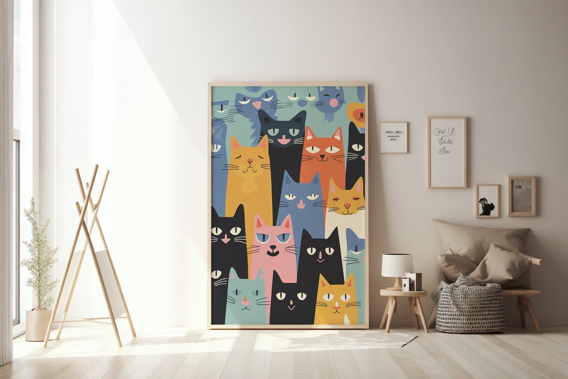 Colorful Cartoon Cat Faces Crowd Pattern Playful Kids Animal Art Print - Image 6