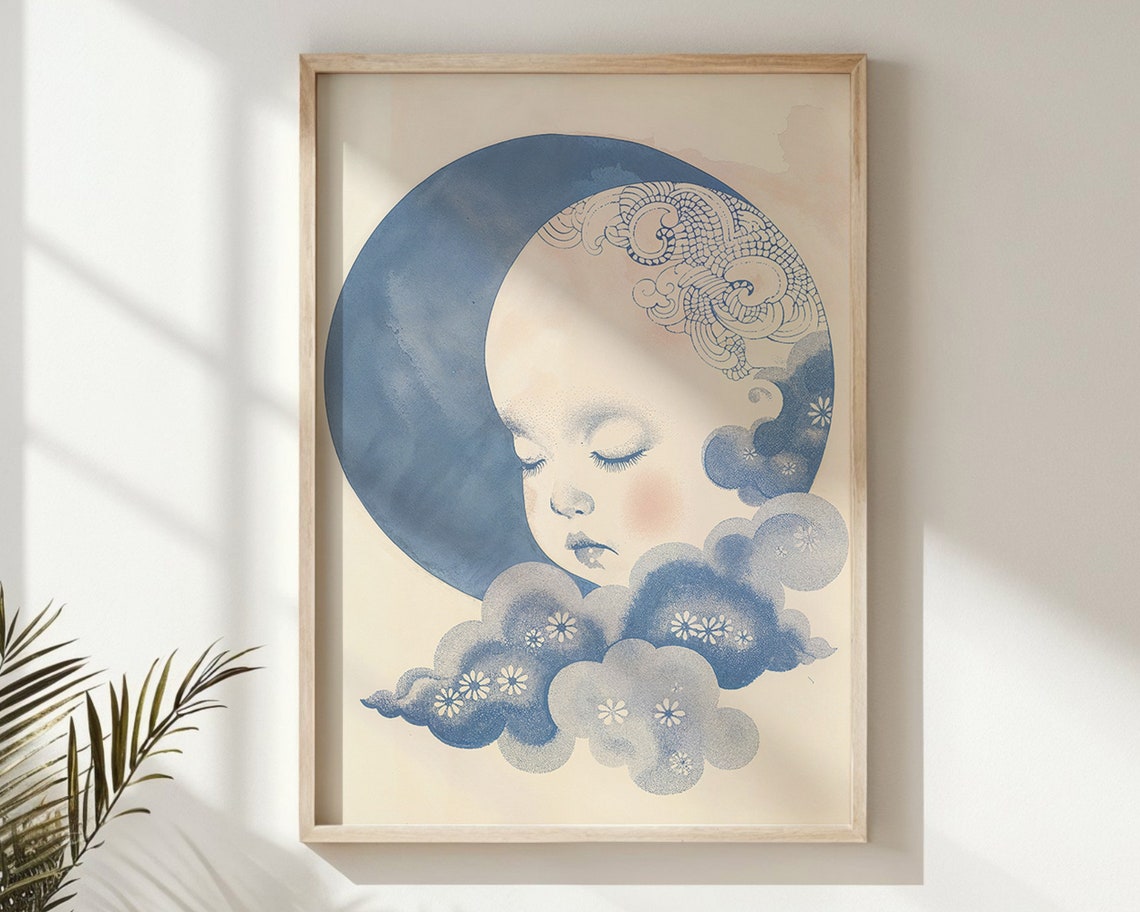 Dreamy Sleeping Baby Face On Blue Full Moon With Flower Clouds Poster - Image 6