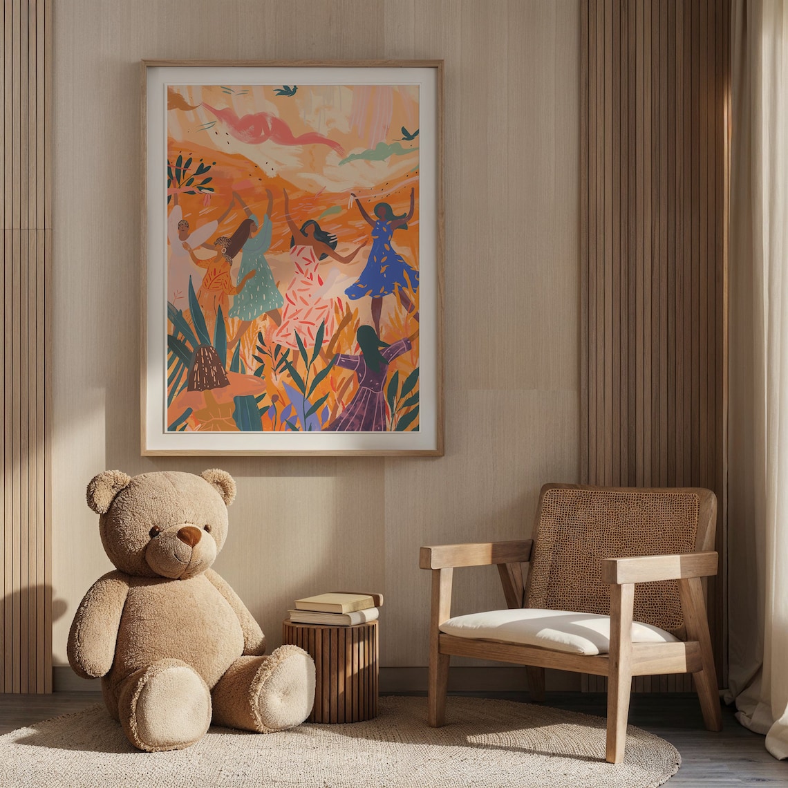 Joyful Women Dancing Garden Warm Tones Kids Room Wall Art Poster