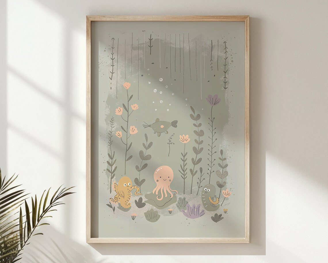 Underwater Ocean Animals Nursery Wall Art Print, Neutral Tones