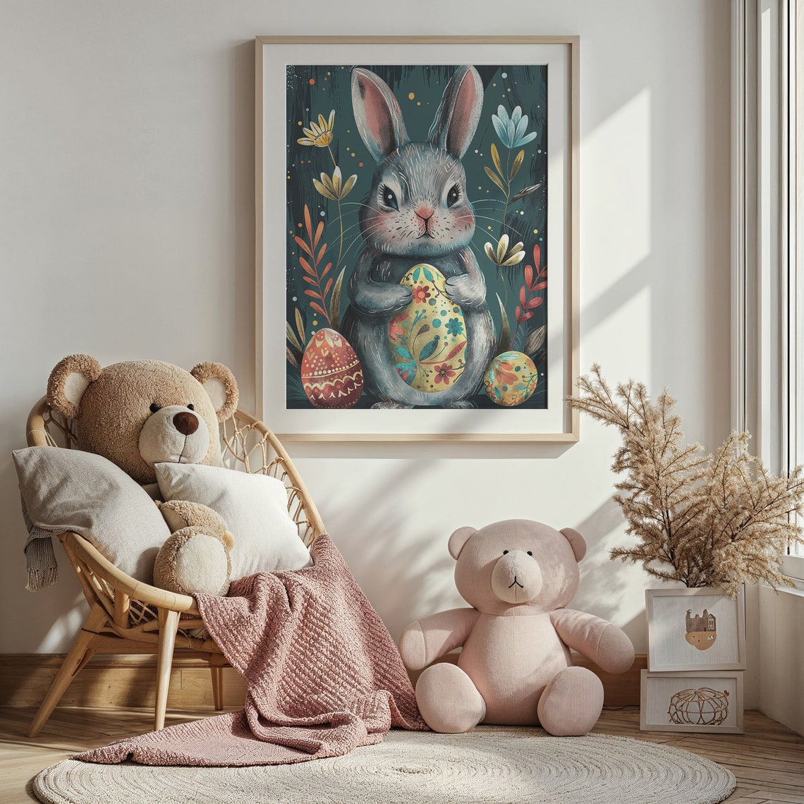 Gray Bunny Holding Painted Easter Egg Dark Teal Storybook Poster - Image 3