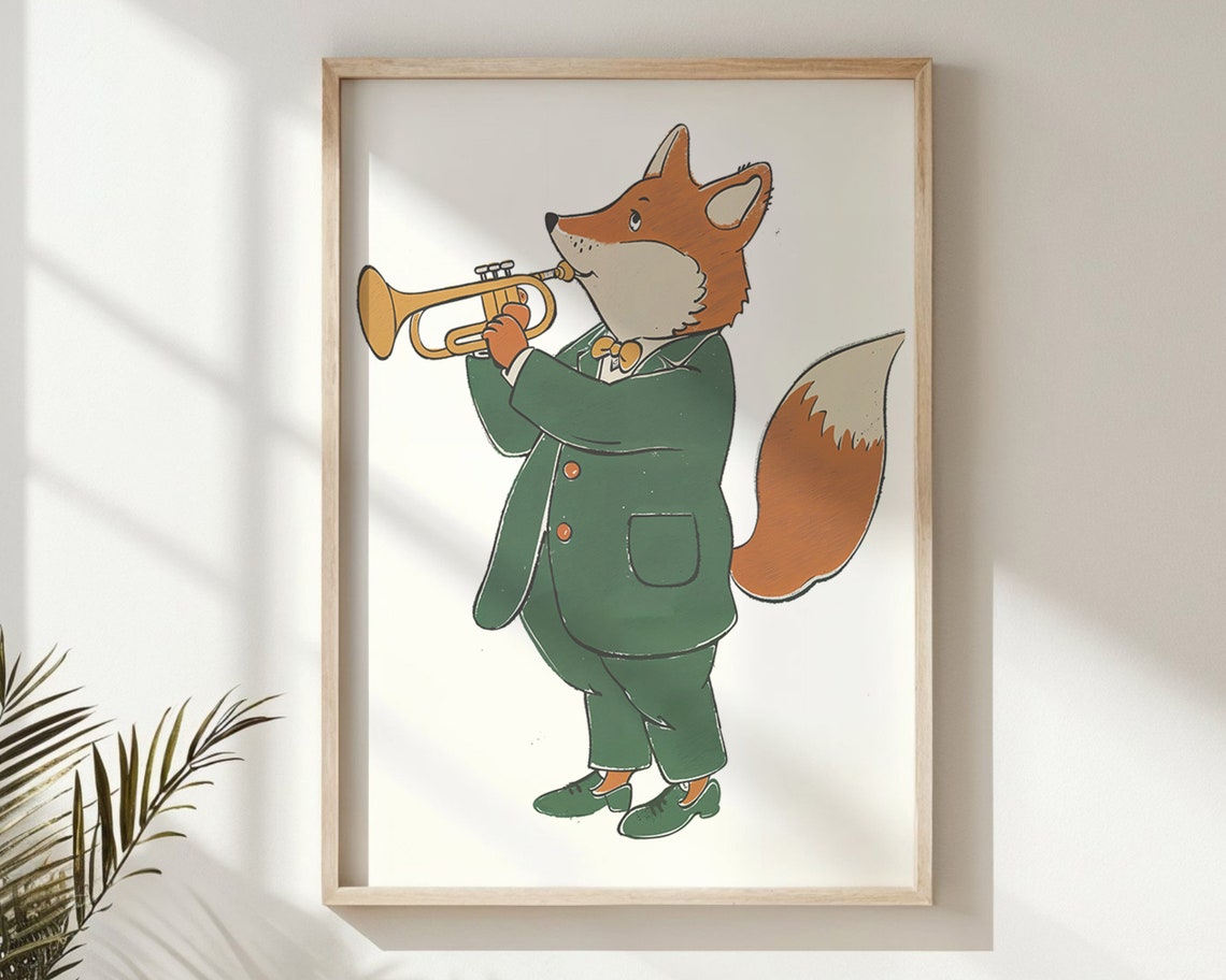 Fox Playing Gold Trumpet Green Suit Bow Tie Kids Music Wall Poster