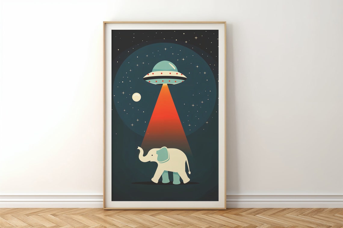 Cute Elephant UFO Abduction Red Beam Retro Space Kids Wall Art Poster - Image 6