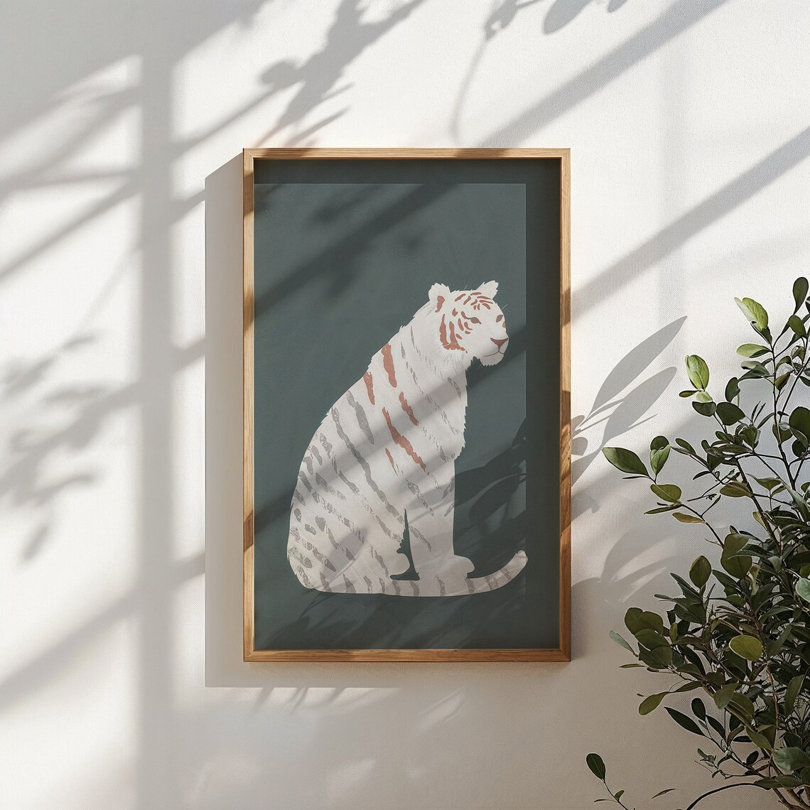 White Tiger With Grey Stripes On Forest Green Nursery Jungle Art Poster - Image 4