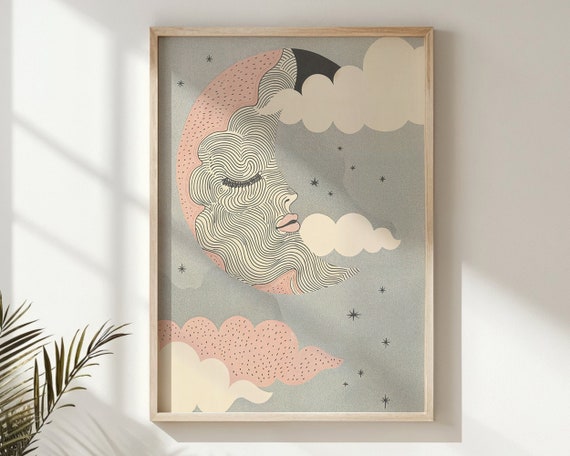 Moon And Stars Nursery Wall Art Celestial Kids Room Decor Whimsical Night Sky Poster Baby Room Art Print With Pink Accents Gift