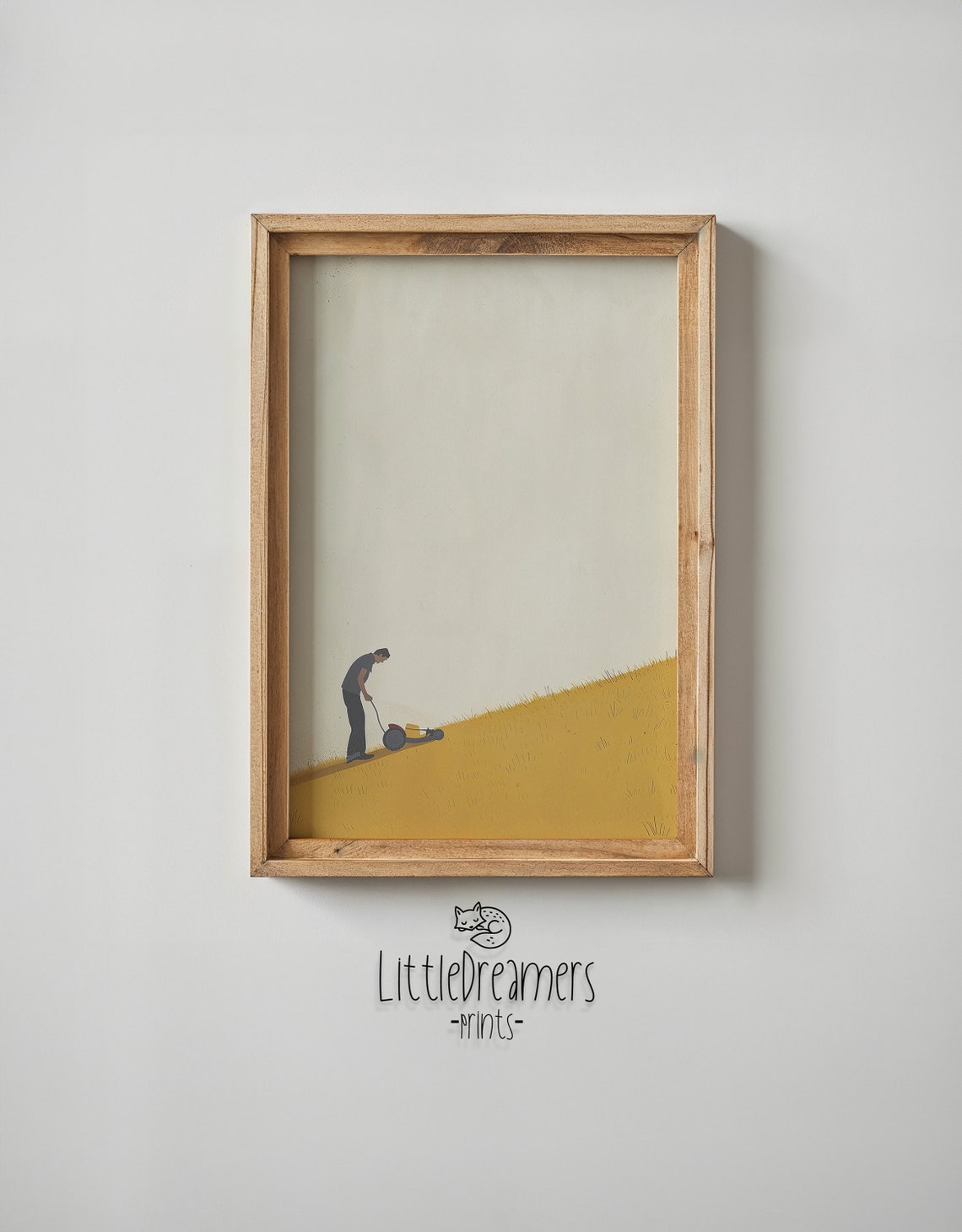 Man Mowing Steep Golden Hill Minimalist Cream Tone Illustration Poster - Image 5