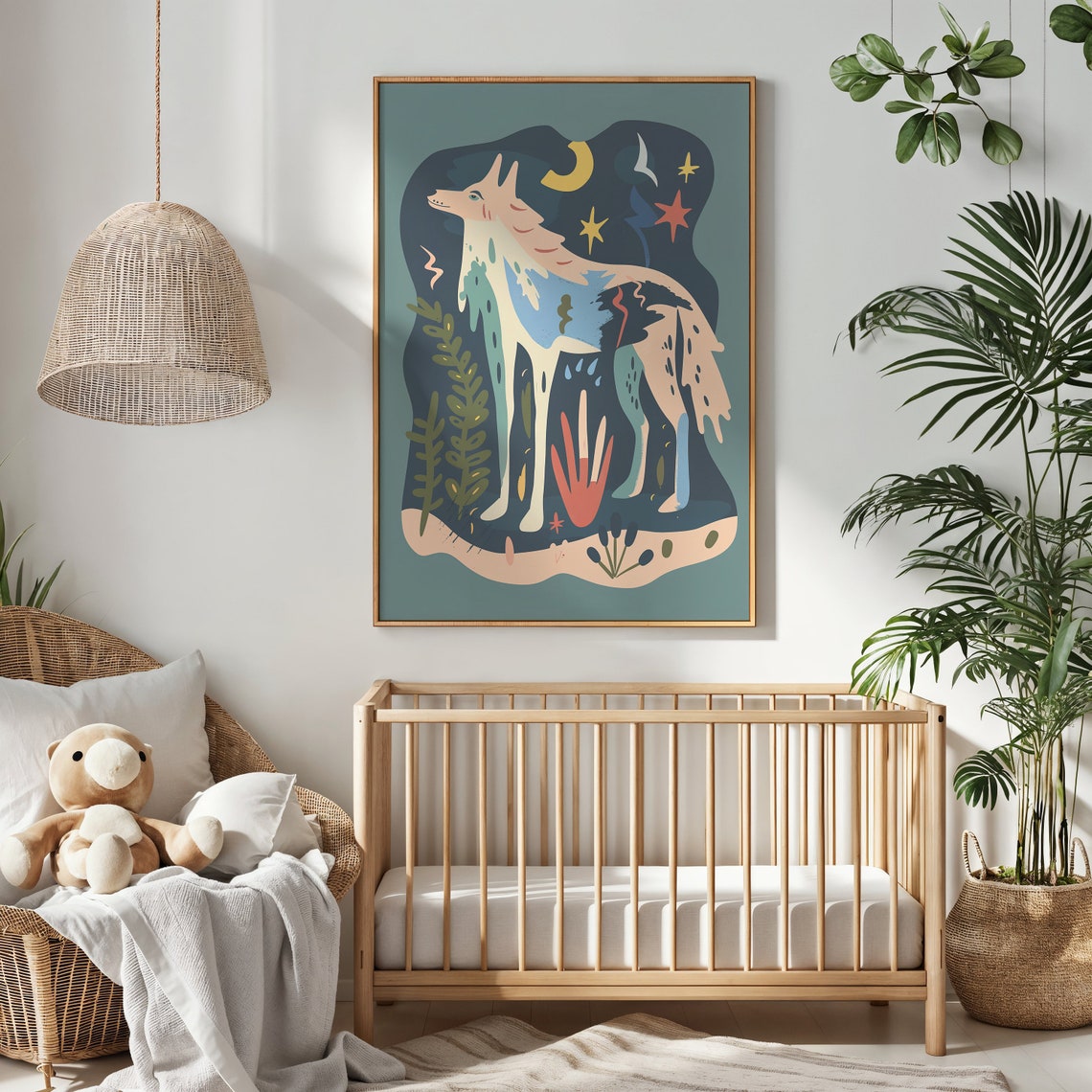 White Wolf Moonlight Stars Celestial Folk Art Animal Wall Poster - Image 3