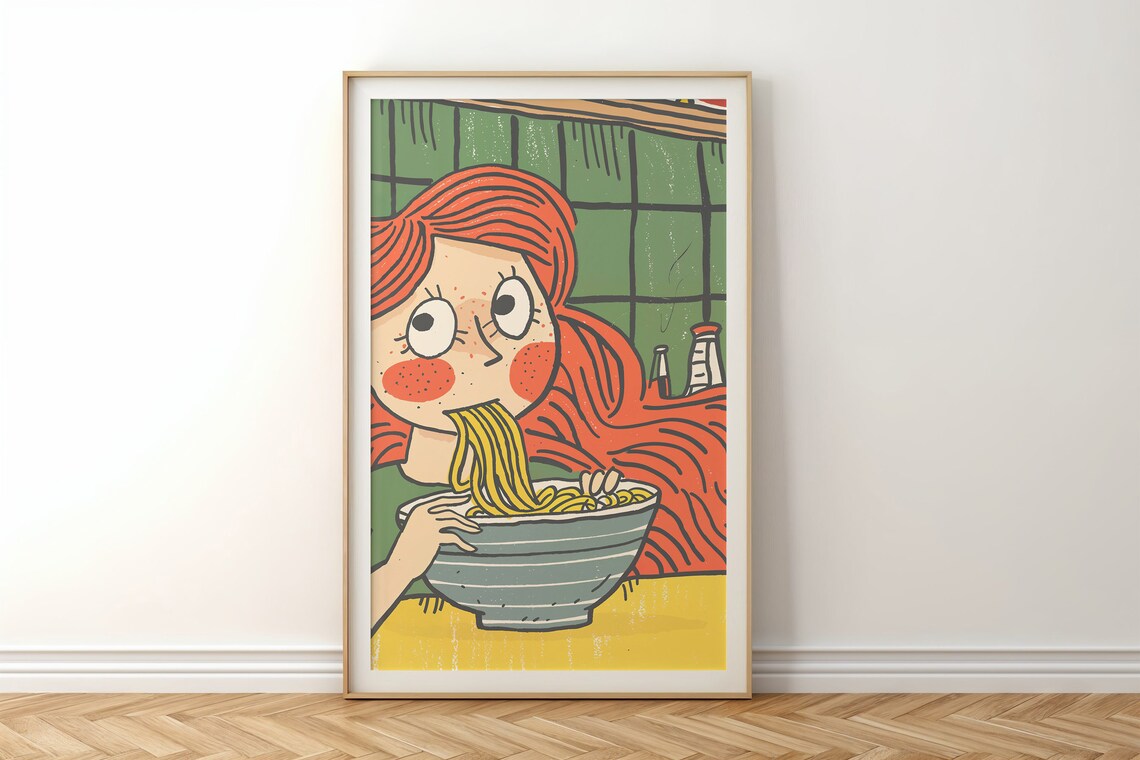 Red Hair Girl Eating Noodles Ramen Cartoon Kitchen Wall Art Poster - Image 5