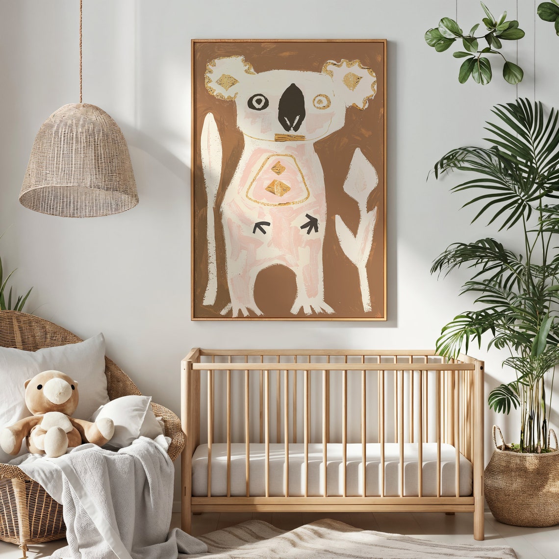 Abstract Koala Cream Pink Gold Accents Brown Background Kids Poster - Image 3