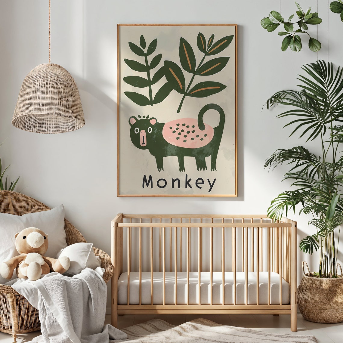 Green Monkey Pink Spotted Belly Tropical Leaves Kids Jungle Poster - Image 3