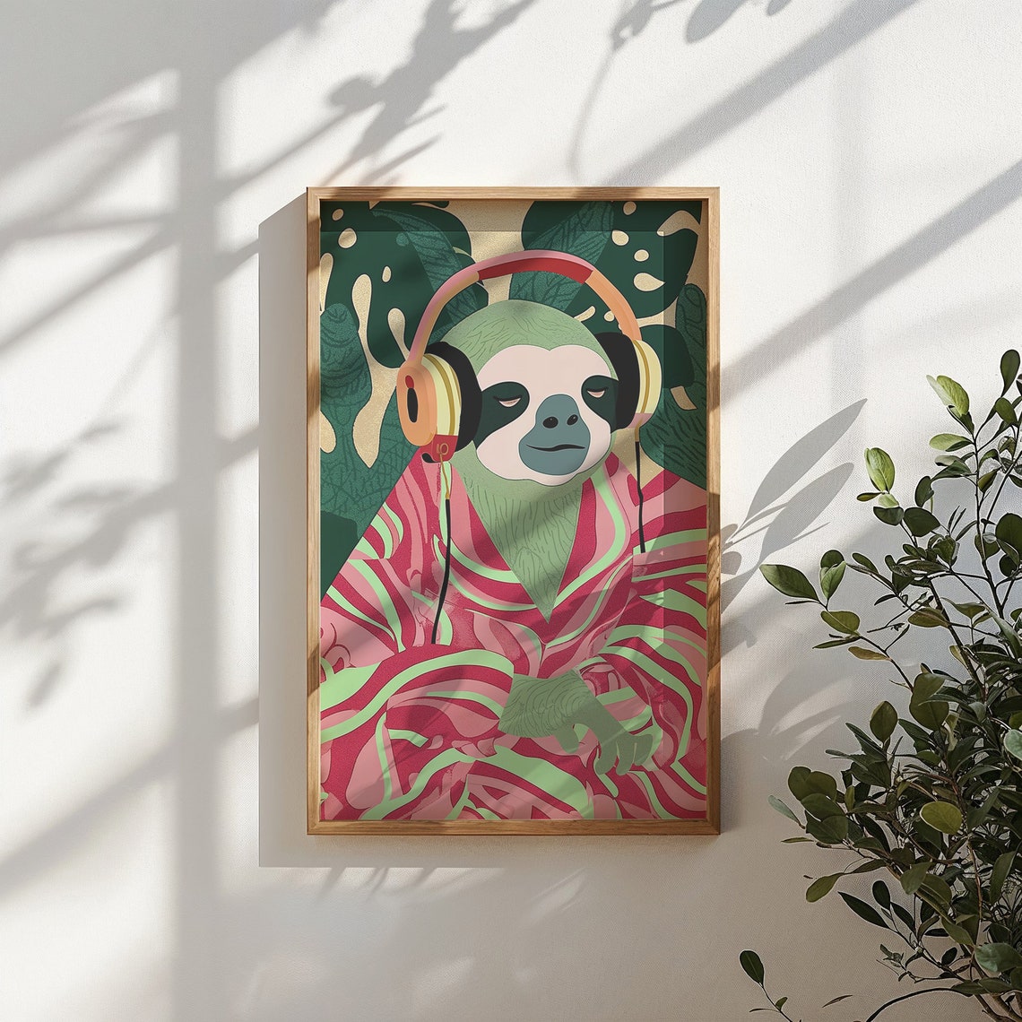 Chill Sloth Wearing Headphones Retro Tropical Jungle Music Art Print - Image 5