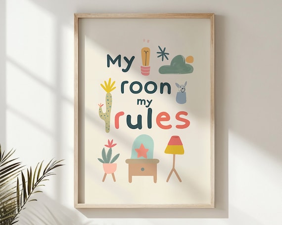 My Room My Rules Playful Lettering Cactus Alpaca Kids Bedroom Poster