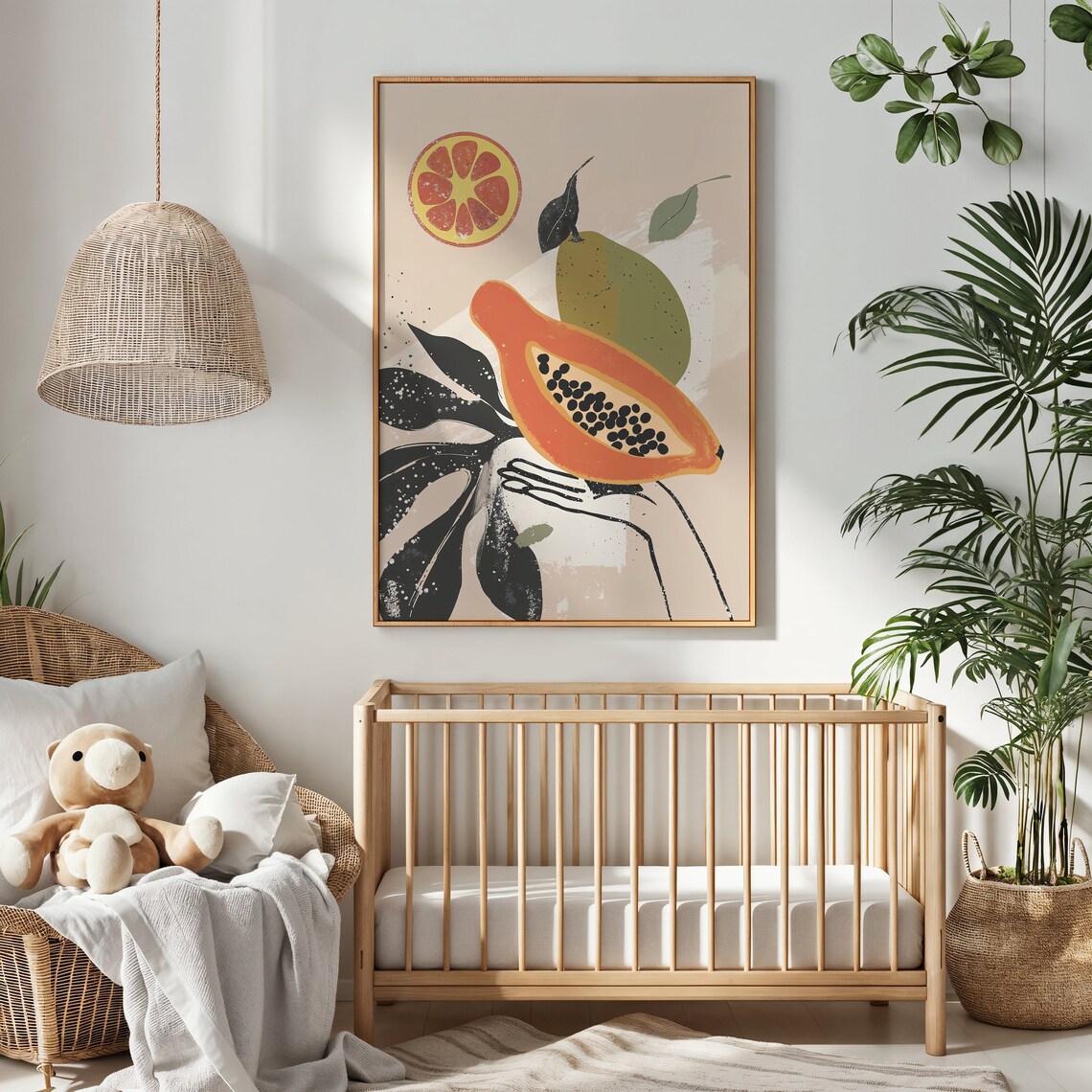 Hand Holding Papaya Blood Orange Monstera Modern Tropical Art Print - Image 3