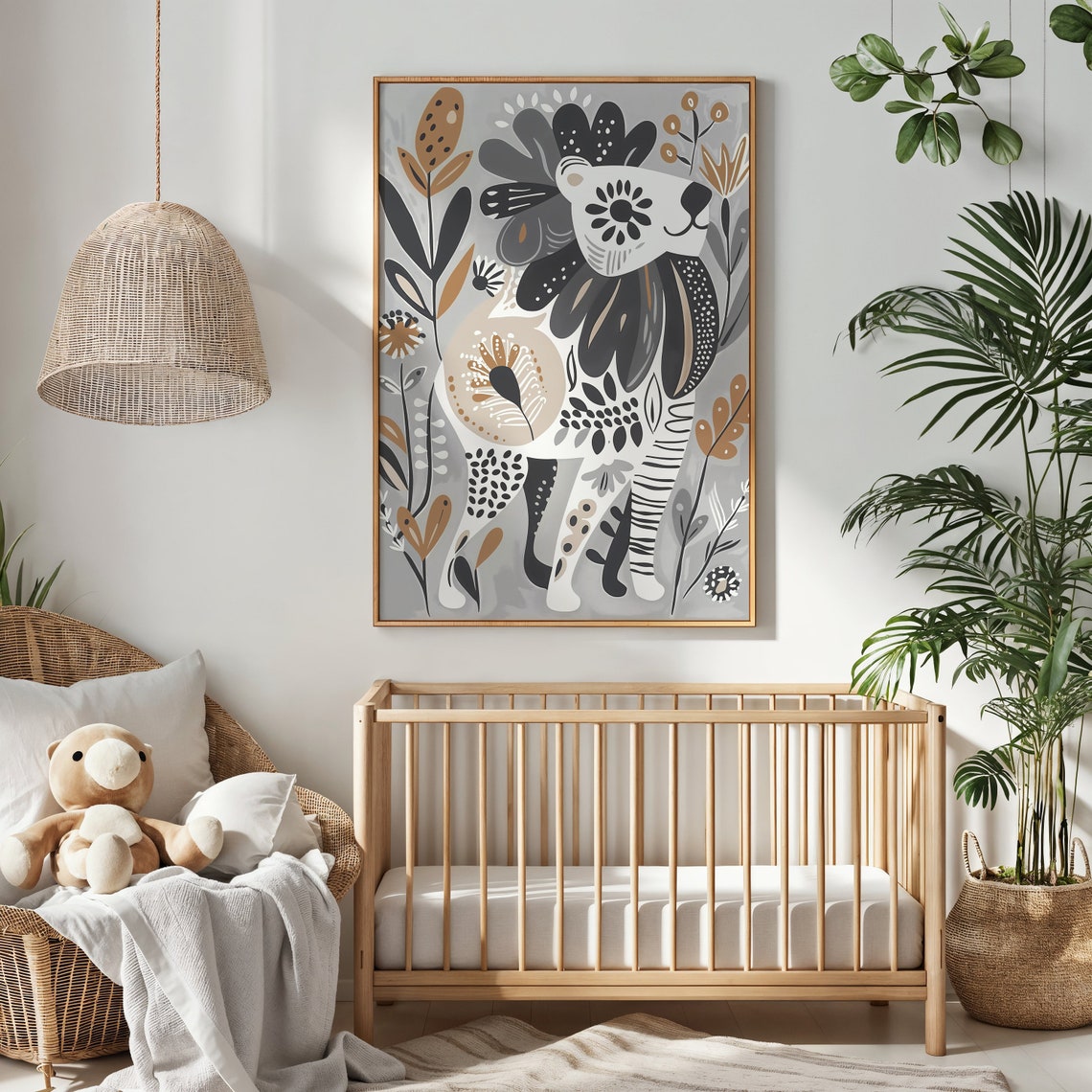 Whimsical Tiger Nursery Poster Folk Art Safari Neutral Tones Wall Art - Image 4