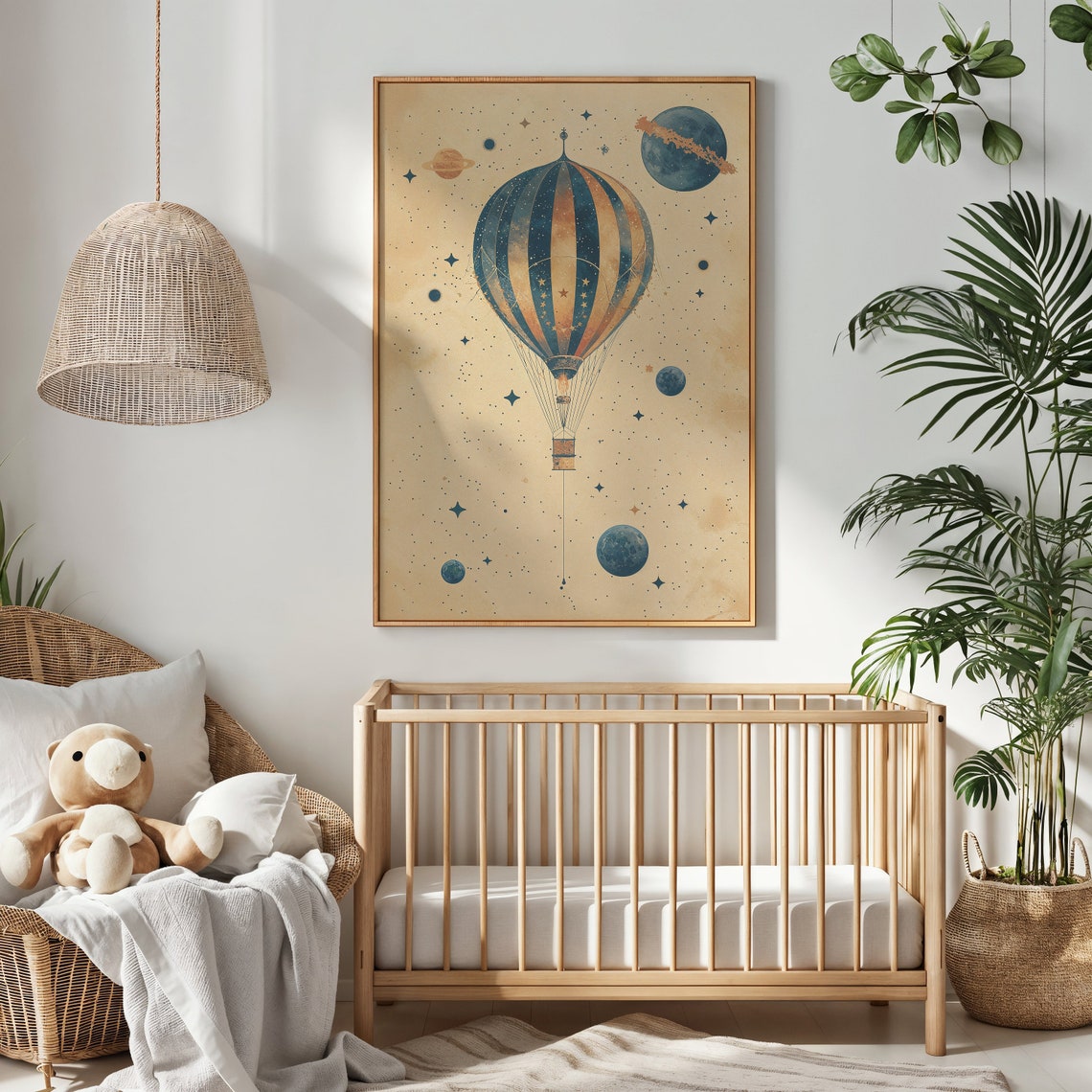 Vintage Starry Hot Air Balloon Planets Cosmic Nursery Poster