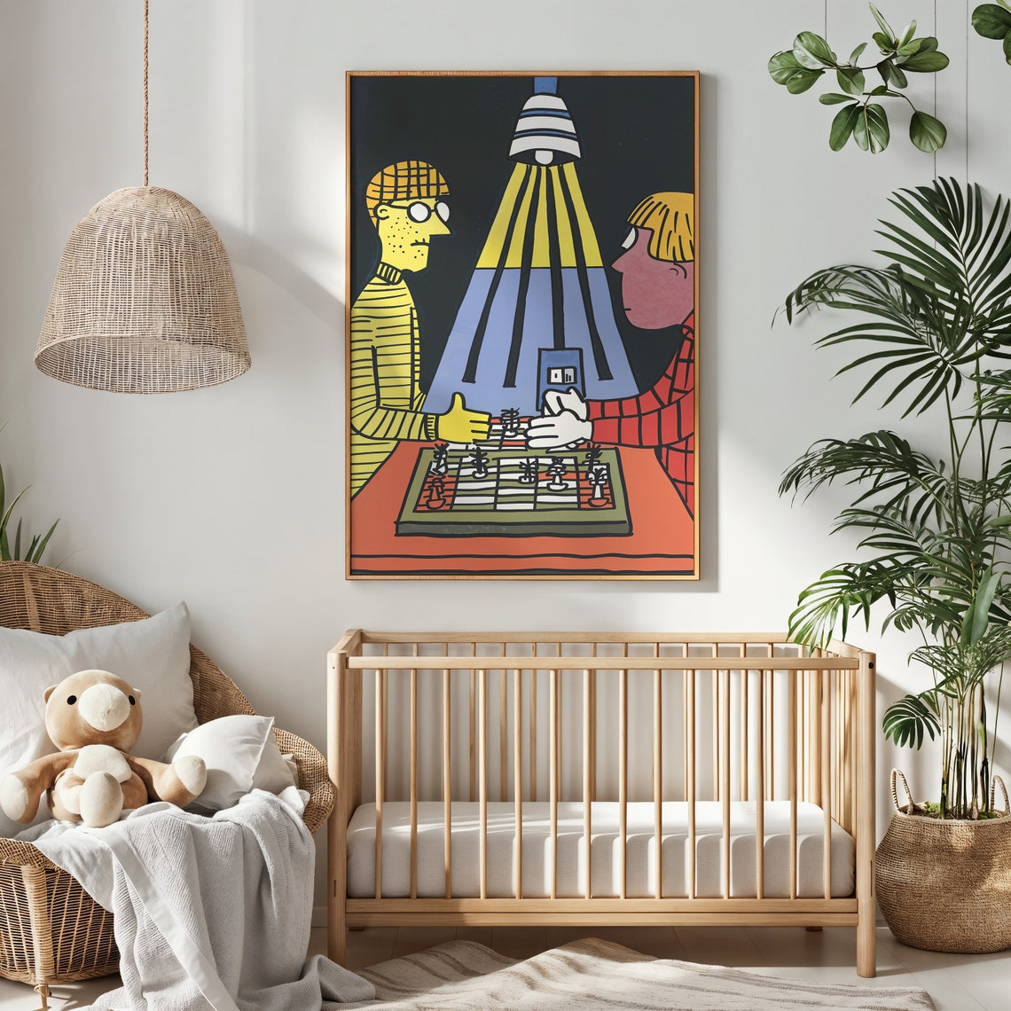 Chess Players Under Lamplight Retro Cartoon Game Night Wall Poster - Image 3