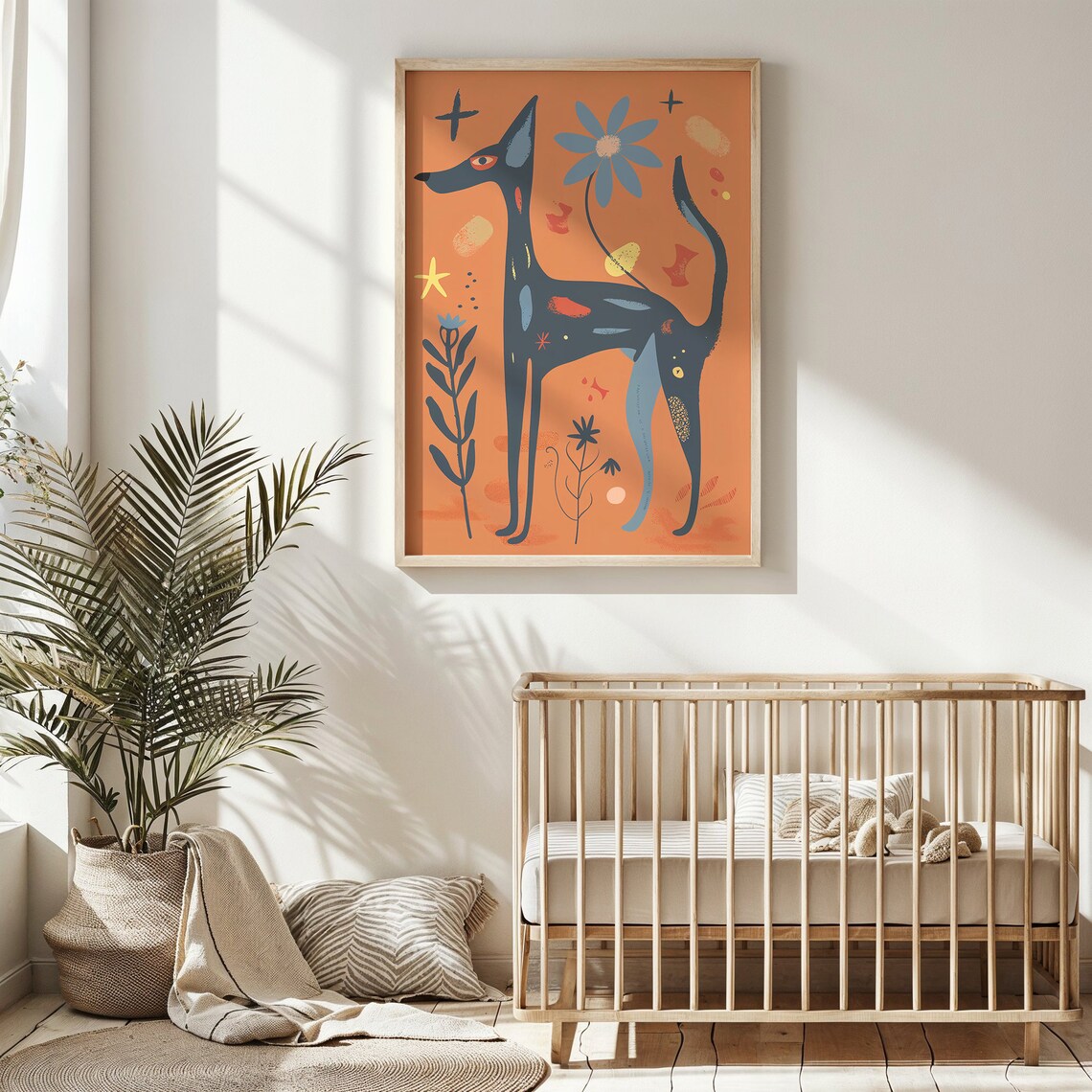 Sleek Black Dog Orange Sunset Stars Folk Art Animal Wall Poster