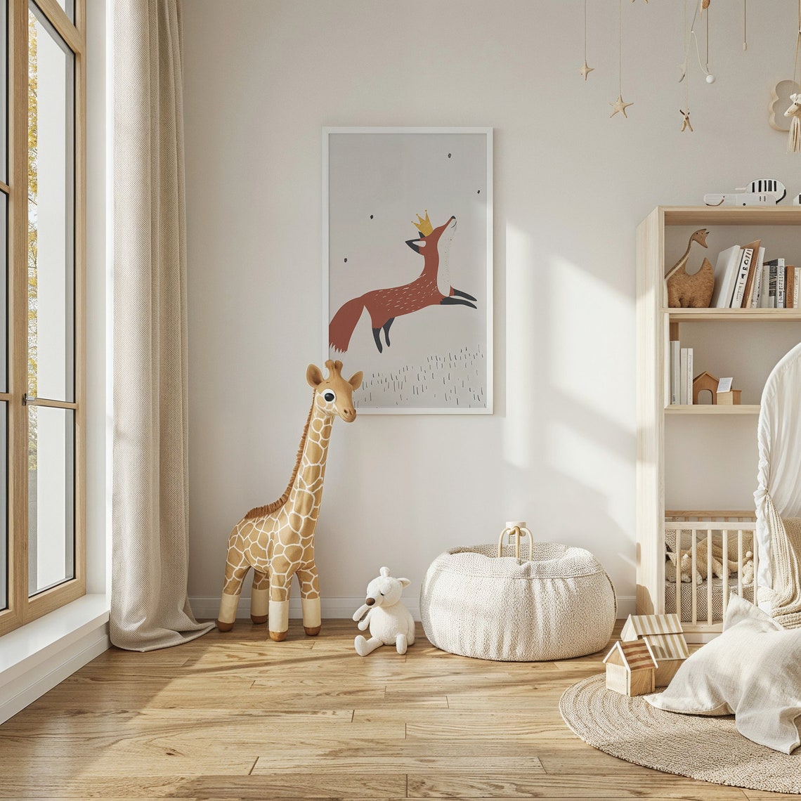 Rust Red Fox Gold Crown Leaping Minimalist Neutral Nursery Wall Poster - Image 3