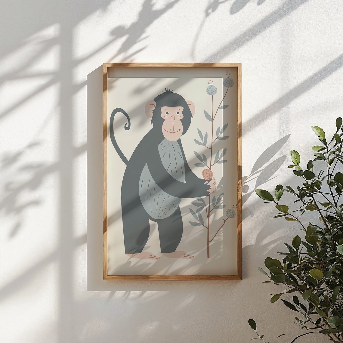 Smiling Monkey Holding Plant Branch Minimalist Nursery Wall Art Poster - Image 5