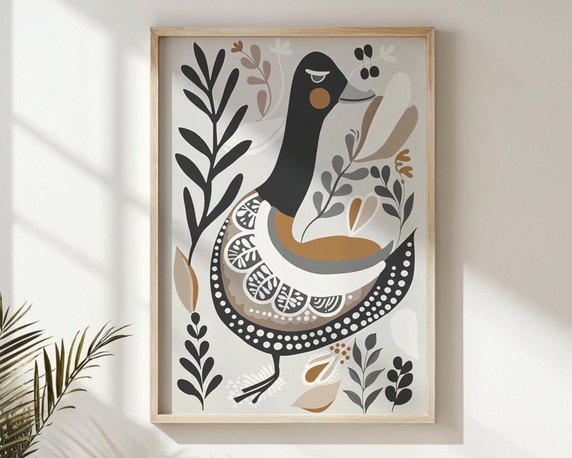 Folk Art Duck Nursery Poster Scandinavian Black Tan Botanical Print