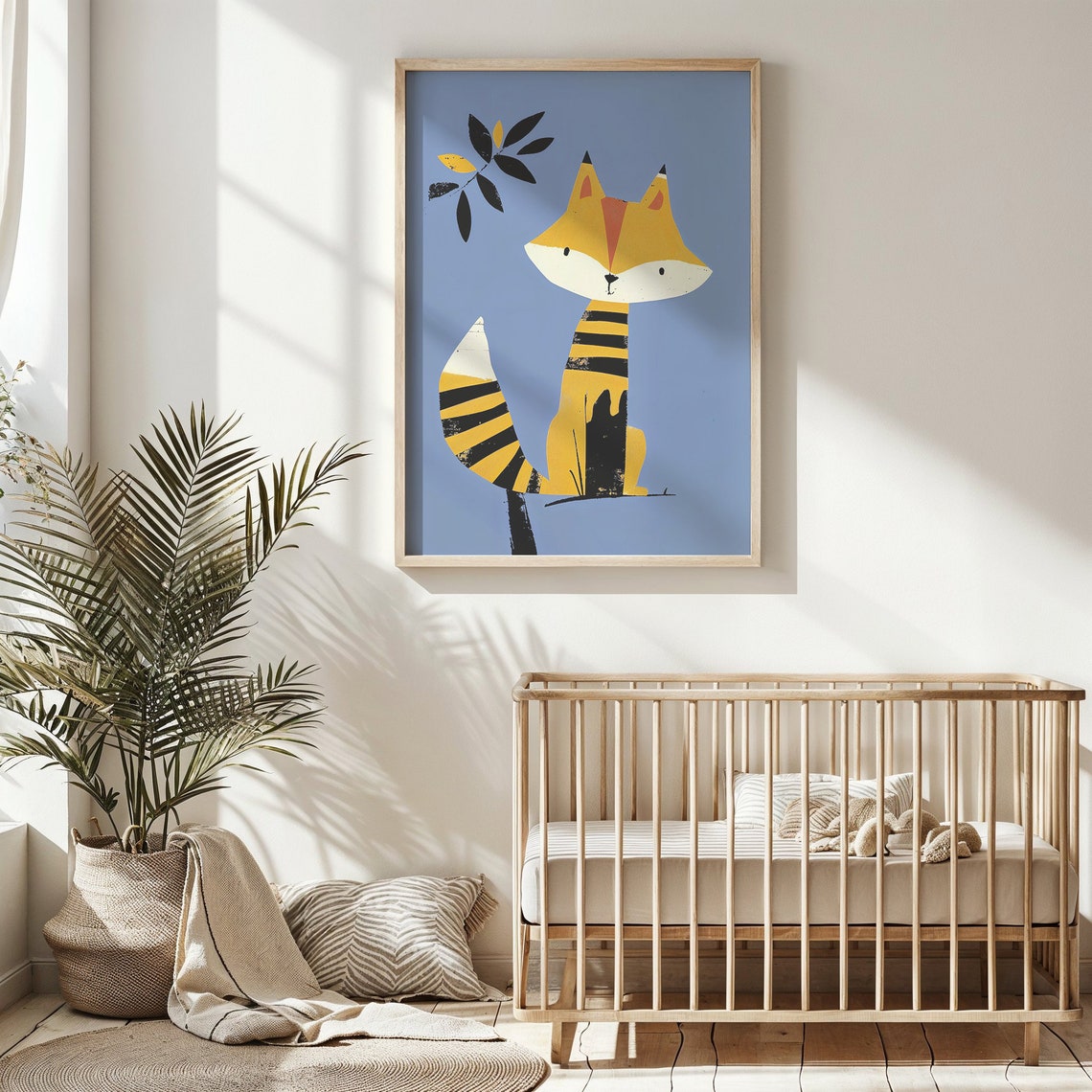 Stylized Yellow Fox On Blue Background Nursery Kids Room Animal Poster