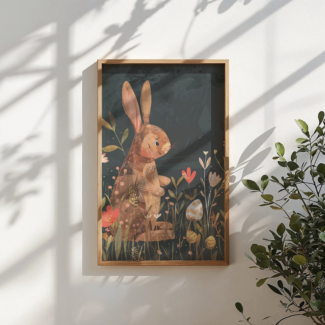 Brown Bunny Standing Dark Meadow Daisies Easter Eggs Folk Poster - Image 5