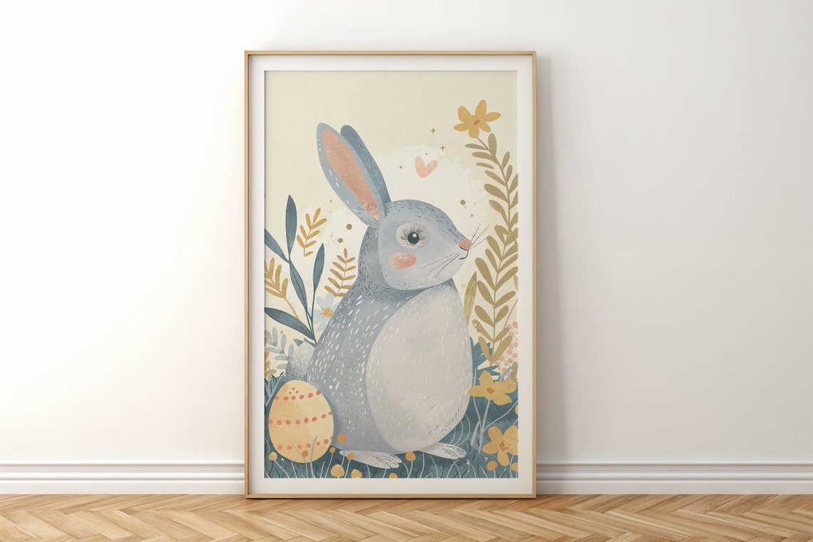 Cute Blue Bunny With Dotted Easter Egg Yellow Flowers Kids Art Print - Image 6