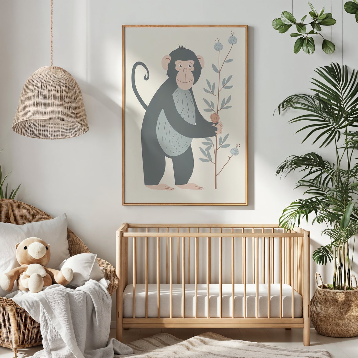 Smiling Monkey Holding Plant Branch Minimalist Nursery Wall Art Poster - Image 3