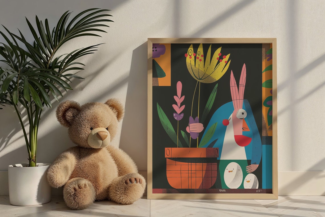 Abstract Easter Bunny Chicks Flower Pot Bold Pop Art Nursery Poster - Image 6