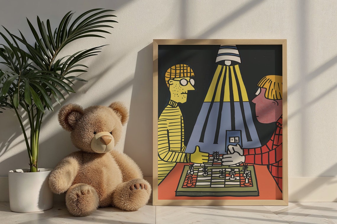 Chess Players Under Lamplight Retro Cartoon Game Night Wall Poster
