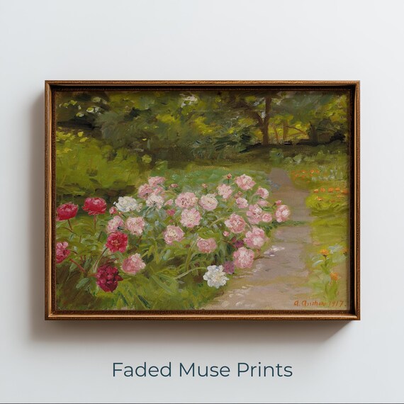 Peony Garden Path Impressionist Vintage Cottagecore Floral Poster