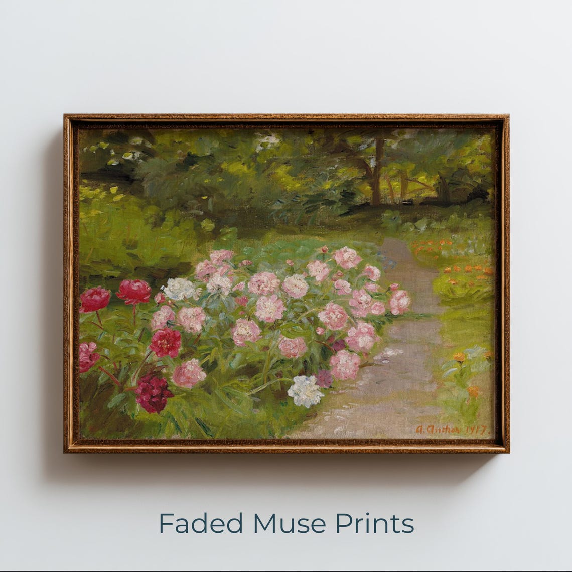 Peony Garden Path Impressionist Vintage Cottagecore Floral Poster