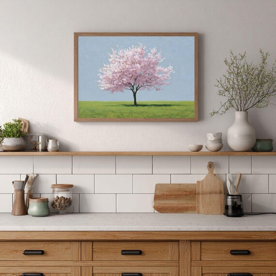 Lone Pink Cherry Blossom Tree Minimalist Spring Landscape Print