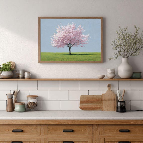 Vintage Cherry Blossom Tree Print Spring Landscape Printable Wall Art Digital Download