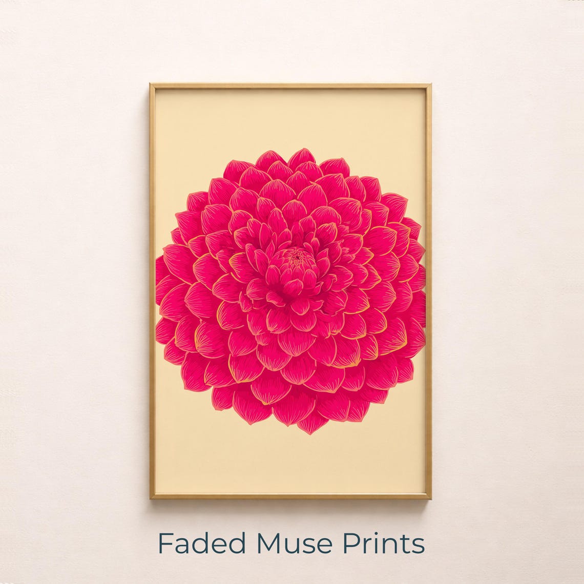 Vibrant Pink Dahlia Flower Botanical Illustration Cream Wall Poster