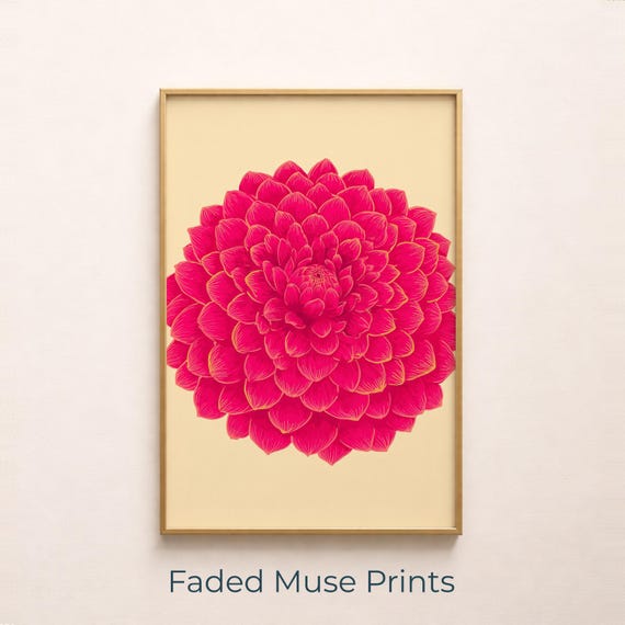 Vibrant Pink Dahlia Flower Print Vintage Botanical Printable Wall Art Digital Download 352