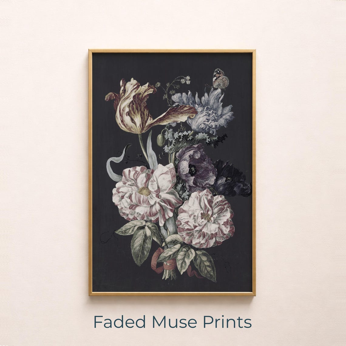 Moody Dark Botanical Bouquet Peony Tulip Butterfly Floral Poster