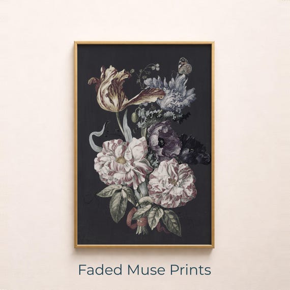 Moody Peony And Tulip Vintage Floral Print Dark Botanical Wall Art Digital Download 832