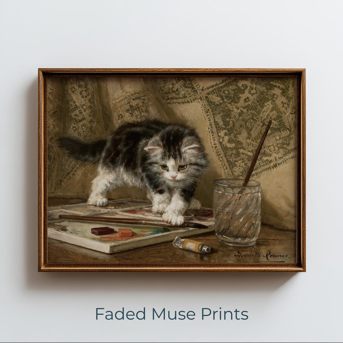 Realistic Kitten Painting Vintage Classic Cat Art Cozy Tabletop Scene Digital Download 803