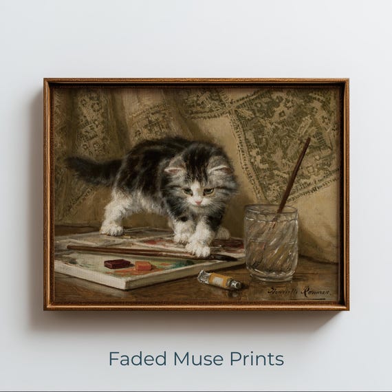 Realistic Kitten Painting Vintage Classic Cat Art Cozy Tabletop Scene Digital Download 803