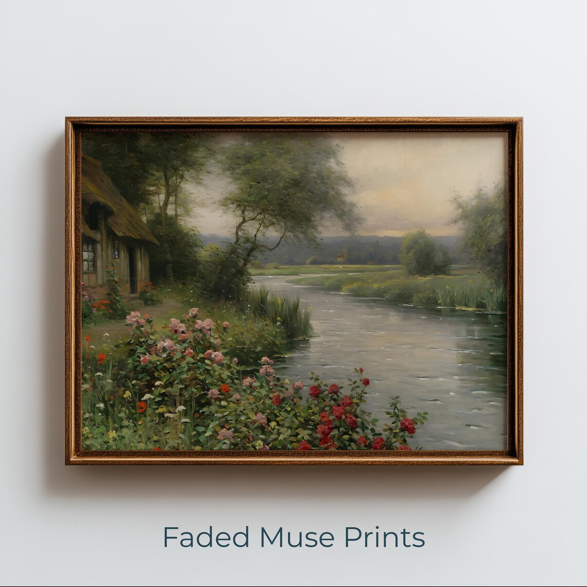 Thatched Cottage By The River With Roses Vintage Pastoral Spring Art Poster