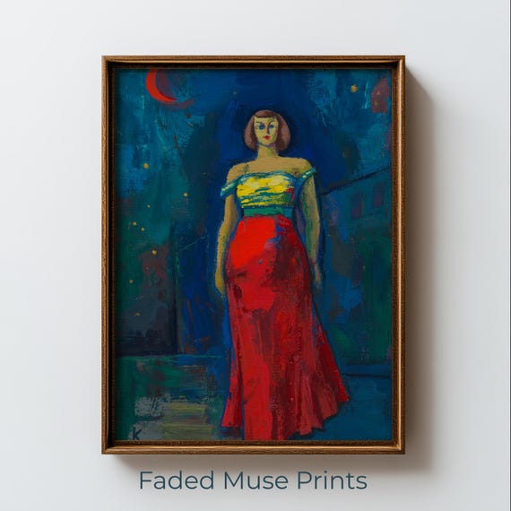 Vintage Moody Woman In Red Gown Painting Retro Nighttime Art Digital Download 1218