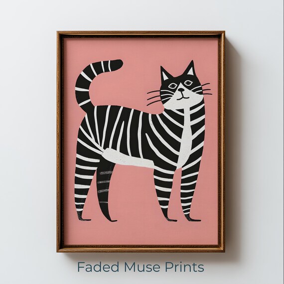 Striped Tabby Cat Print Retro Graphic Folk Art Illustration Printable Wall Digital Download 1581
