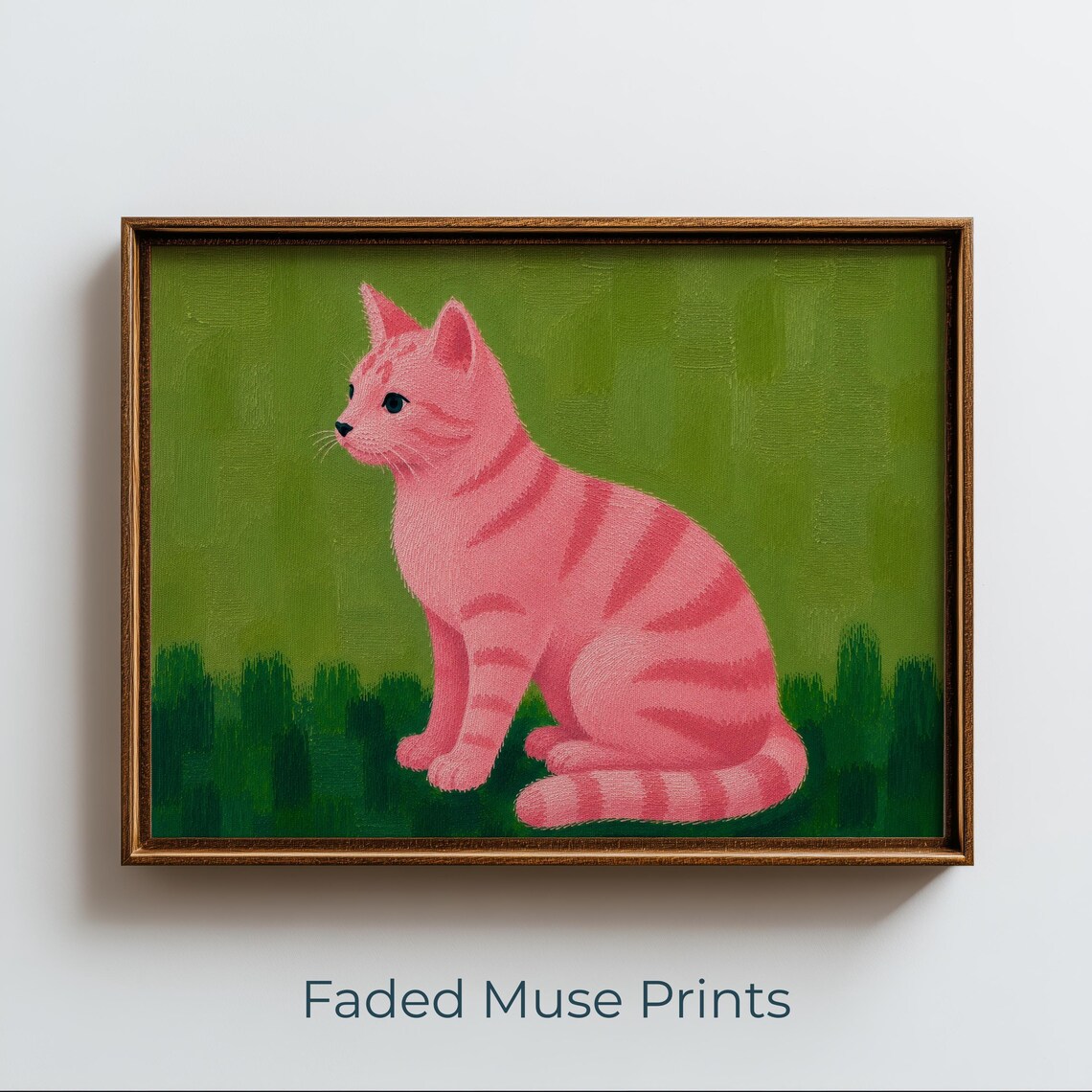 Pink Tabby Cat Print Retro Folk Art Printable Wall Modern Whimsical Decor Digital Download 2670